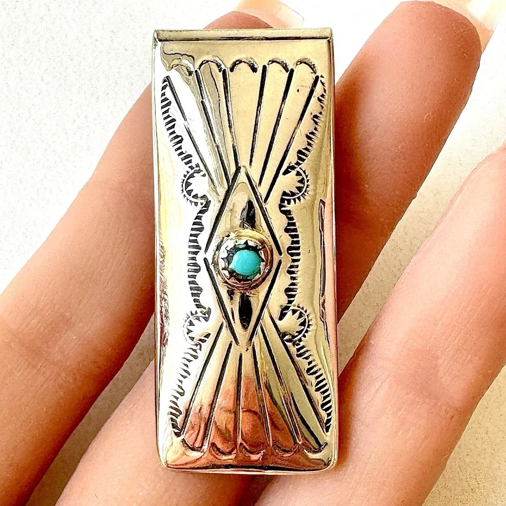 Navajo‎ Concho Turquoise Money Clip Silver 2in Mens Gift Handmade Shirley Skeets